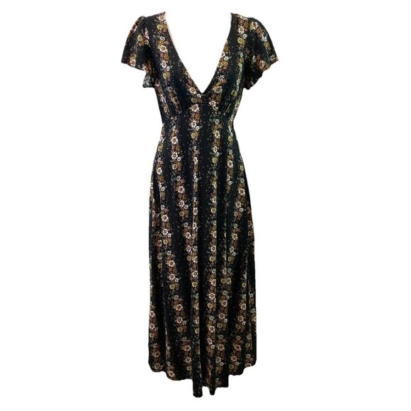 Forever 21 Womens Maxi Dress Boho Prairie Cottage Whimsigoth Black Floral Sz S - Picture 1 of 13